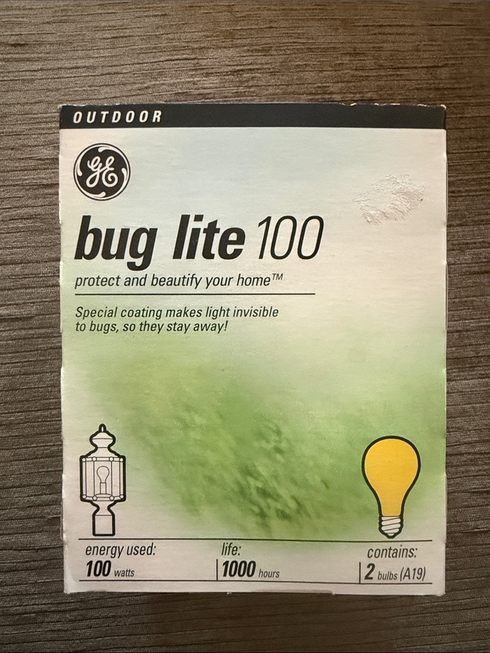 2-pack of GE  yellow bug light bulbs for outdoor use.